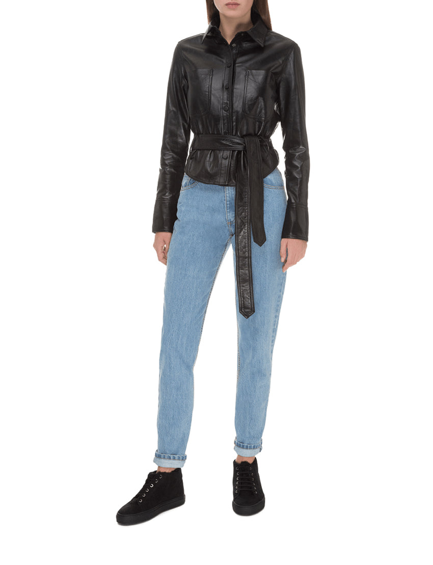 Women's Faux Leather Belted Jacket